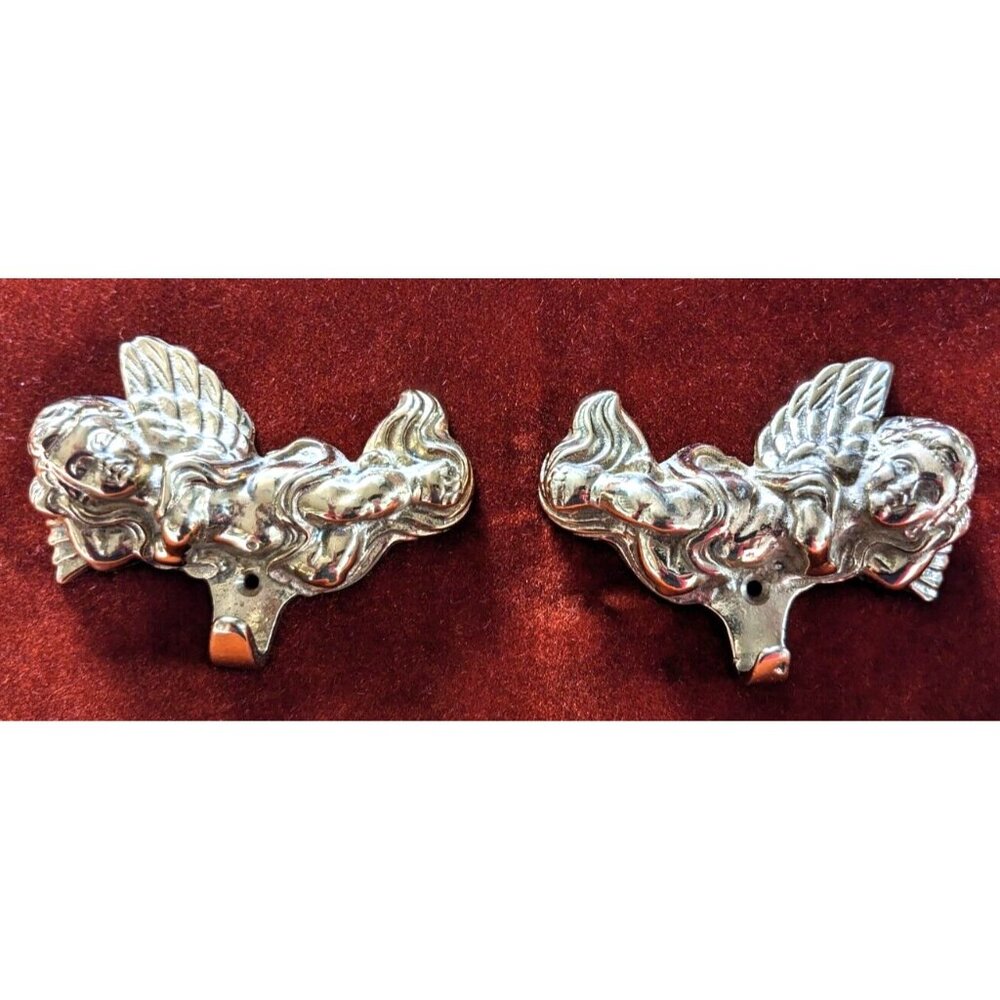 The Bombay Company Set Of 2 Brass Gold Color Cherub Picture Hangers Vintage 3.5"